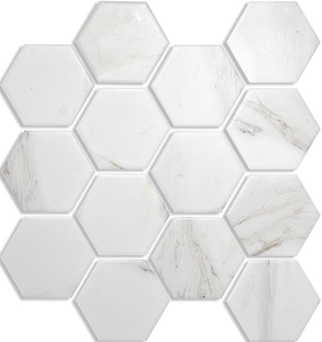 Mosaïque Hexagone Carrara ( marbré ) satiné et poli 11.2 poX12.8 po