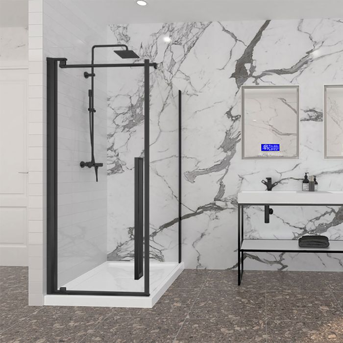 Porte de douche 32 po x Amaly 42 po en coin noir mat carré mur à gauche