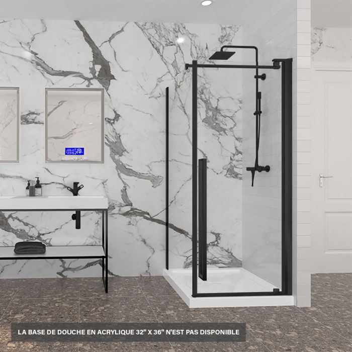 Porte de douche 32 po x Amaly 36 po en coin noir mat carré mur à droite
