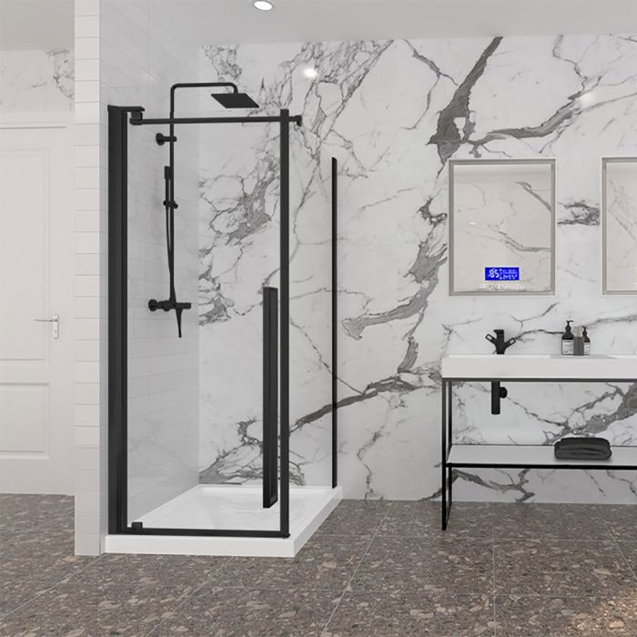 Porte de douche 36 po x Amaly 36 po en coin noir mat carré mur à gauche