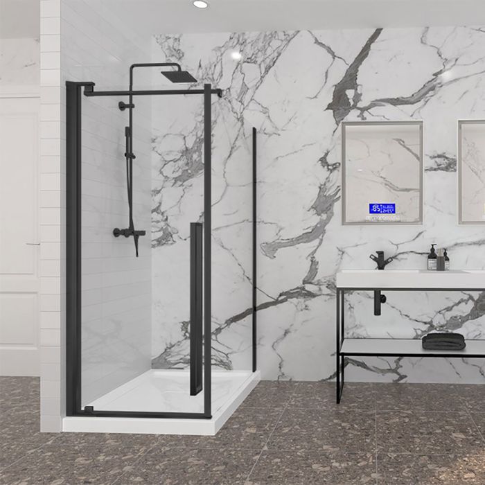 Porte de douche 36 po x Amaly 42 po en coin noir mat carré mur à gauche