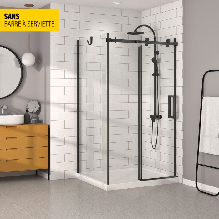 Porte de douche 48 po x Bellini 32 po en coin noir mat fermeture sur mur mur à droite porte à droite