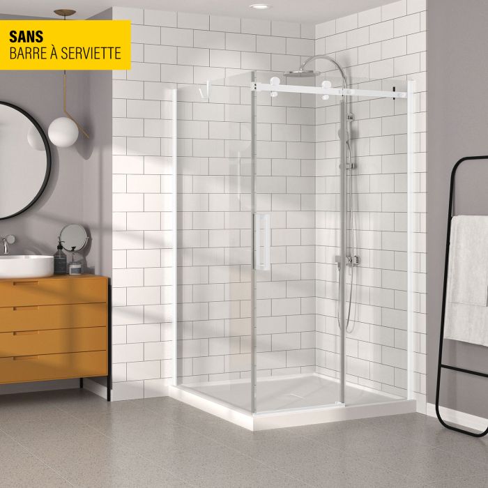 Porte de douche 48 po x Bellini 42 po en coin blanc mat fermeture sur retour mur à droite porte à gauche