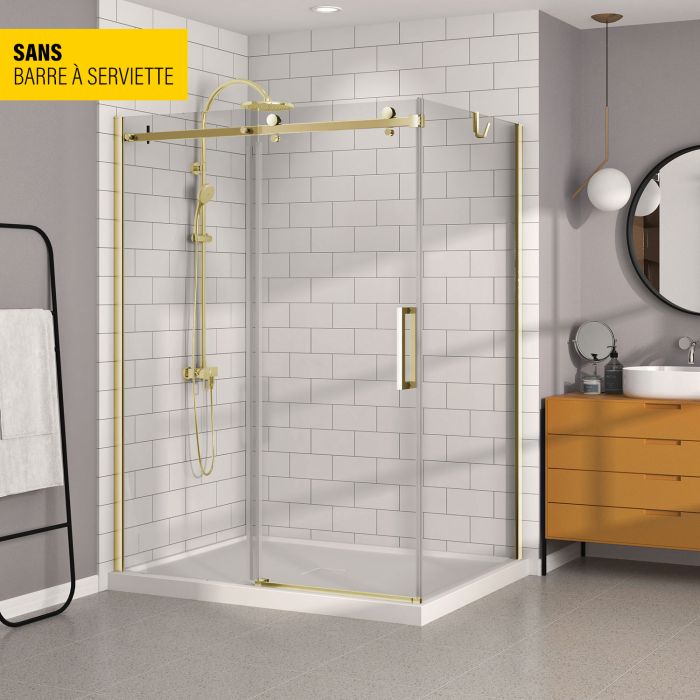 Porte de douche 60 po x Bellini 42 po en coin or brossé fermeture sur retour mur à gauche porte à droite en or brossé