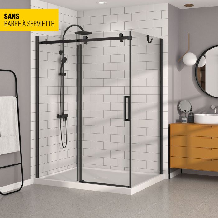 Porte de douche 60 po x Bellini 42 po en coin noir mat fermeture sur retour mur à gauche porte à droite