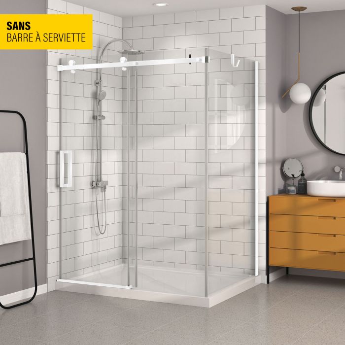 Porte de douche 60 po x Bellini 42 po en coin blanc mat fermeture sur mur mur à gauche porte à gauche