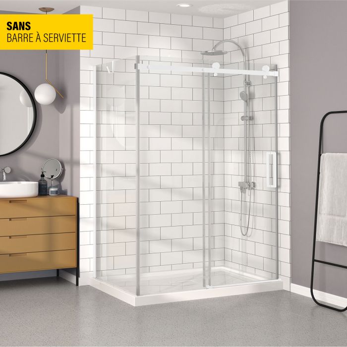 Porte de douche 60 po x Bellini 36 po en coin blanc mat fermeture sur mur mur à droite