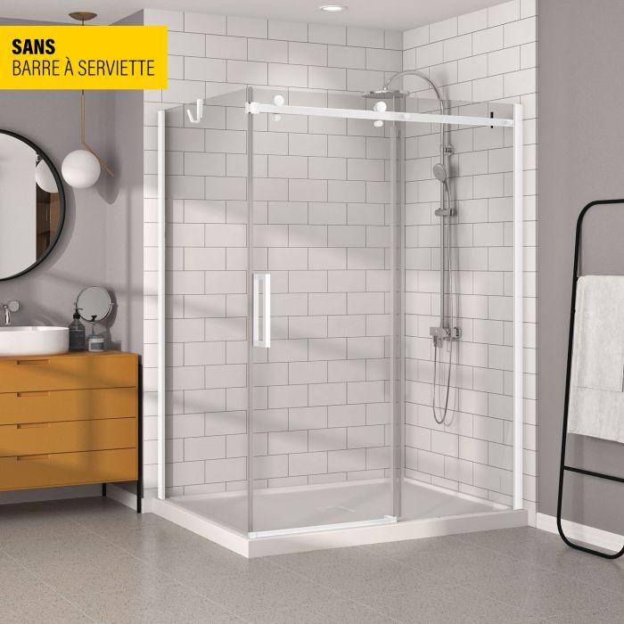 Porte de douche 60 po x Bellini 42 po en coin blanc mat fermeture sur retour mur à droite porte à gauche