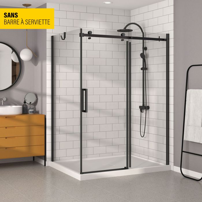Porte de douche 60 po x Bellini 42 po en coin noir mat fermeture sur retour mur à droite porte à gauche