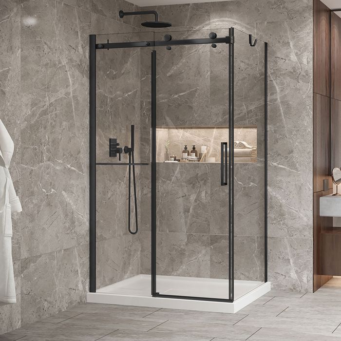 Porte de douche 48 po x Bellini 2.0 32 po en coin noir mat fermeture sur retour mur à gauche porte à droite