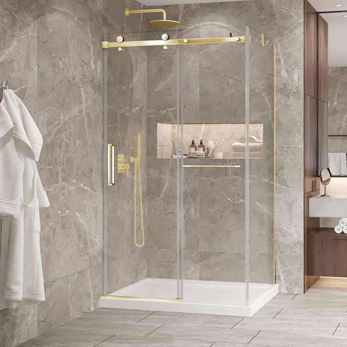 Porte de douche 48 po x Bellini 2.0 32 po en coin or brossé fermeture sur mur mur à gauche porte à gauche en or brossé