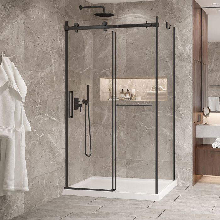 Porte de douche 48 po x Bellini 2.0 32 po en coin noir mat fermeture sur mur mur à gauche porte à gauche
