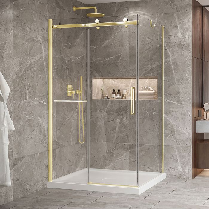 Porte de douche 48 po x Bellini 2.0 42 po en coin or brossé fermeture sur retour mur à gauche porte à droite en or brossé