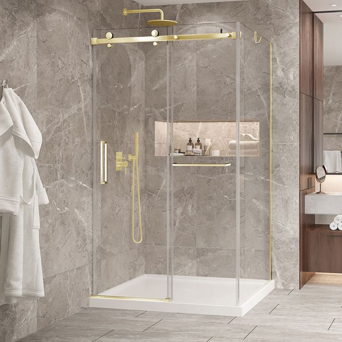 Porte de douche 48 po x Bellini 2.0 42 po en coin or brossé fermeture sur mur mur à gauche porte à gauche en or brossé