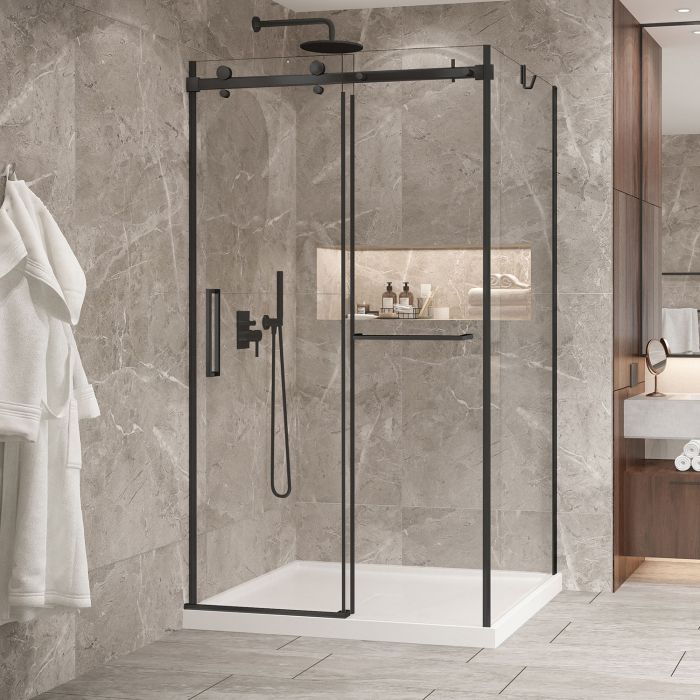 Porte de douche 48 po x Bellini 2.0 42 po en coin noir mat fermeture sur mur mur à gauche porte à gauche