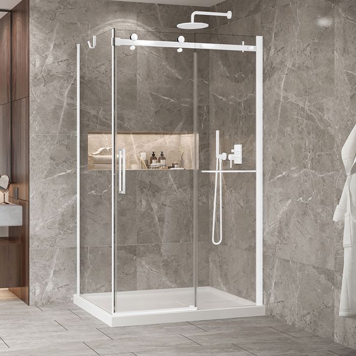 Porte de douche 48 po x Bellini 2.0 32 po en coin blanc mat fermeture sur retour mur à droite porte à gauche