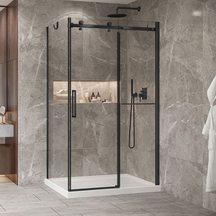 Porte de douche 48 po x Bellini 2.0 32 po en coin noir mat fermeture sur retour mur à droite porte à gauche