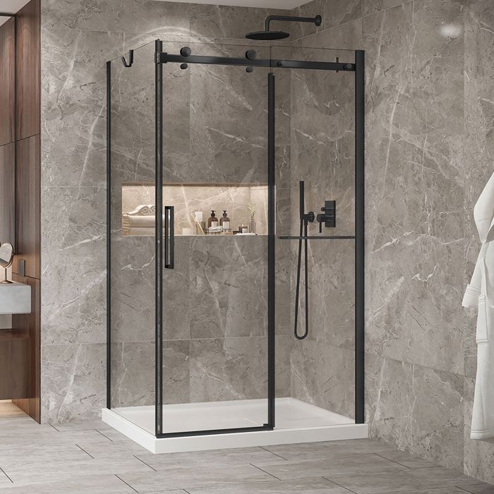 Porte de douche 48 po x Bellini 2.0 36 po en coin noir mat fermeture sur retour mur à droite porte à gauche