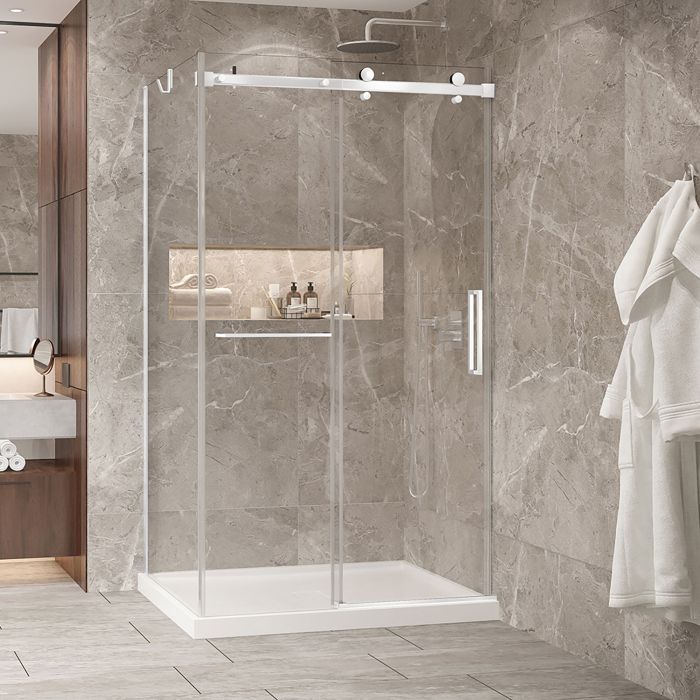 Porte de douche 48 po x Bellini 2.0 36 po en coin blanc mat fermeture sur mur mur à droite