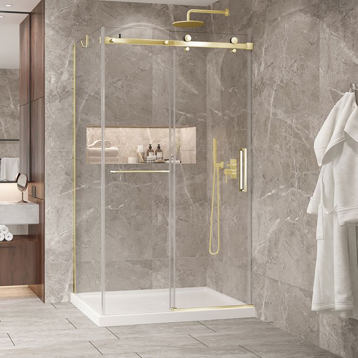 Porte de douche 48 po x Bellini 2.0 36 po en coin or brossé fermeture sur mur mur à droite en or brossé