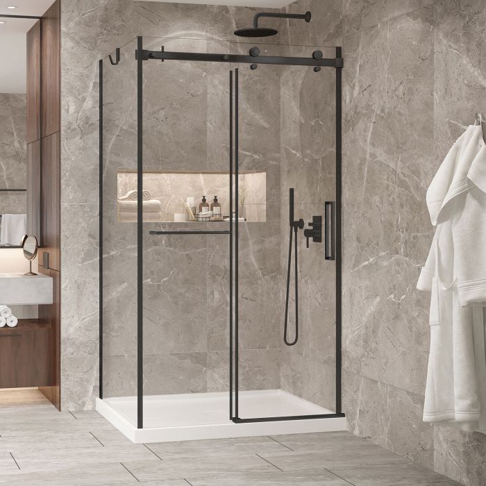 Porte de douche 48 po x Bellini 2.0 36 po en coin noir mat fermeture sur mur mur à droite