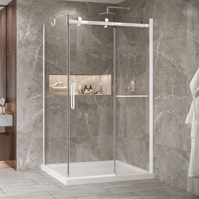 Porte de douche 48 po x Bellini 2.0 42 po en coin blanc mat fermeture sur retour mur à droite porte à gauche