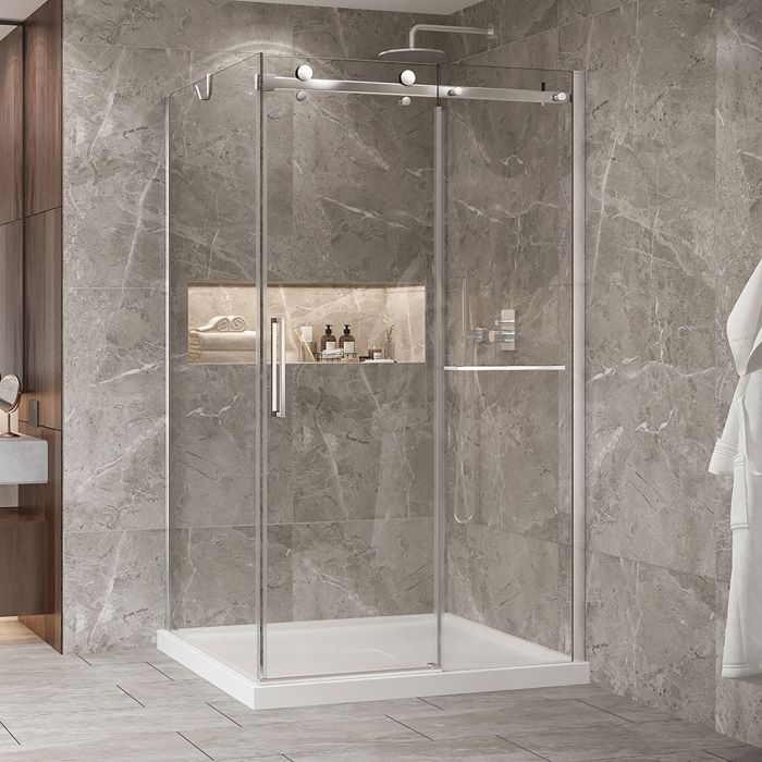 Porte de douche 48 po x Bellini 2.0 42 po en coin chrome fermeture sur retour mur à droite porte à gauche