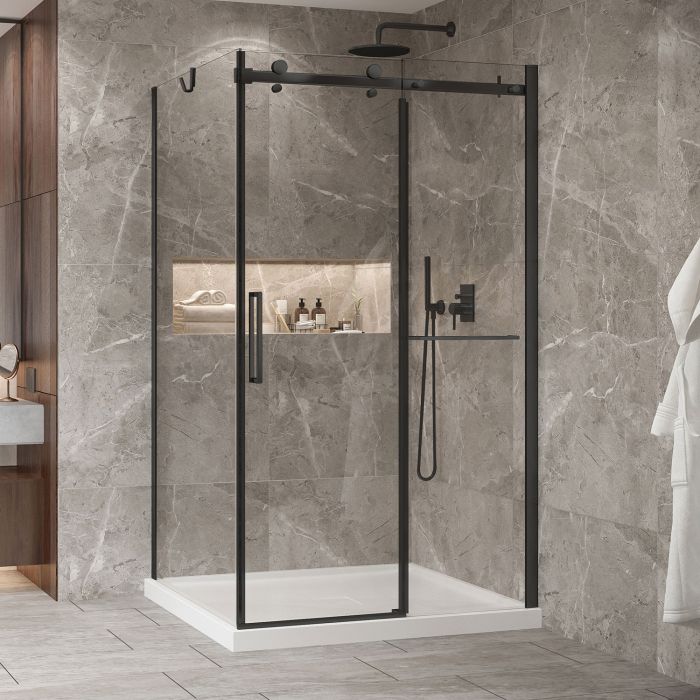 Porte de douche 48 po x Bellini 2.0 42 po en coin noir mat fermeture sur retour mur à droite porte à gauche