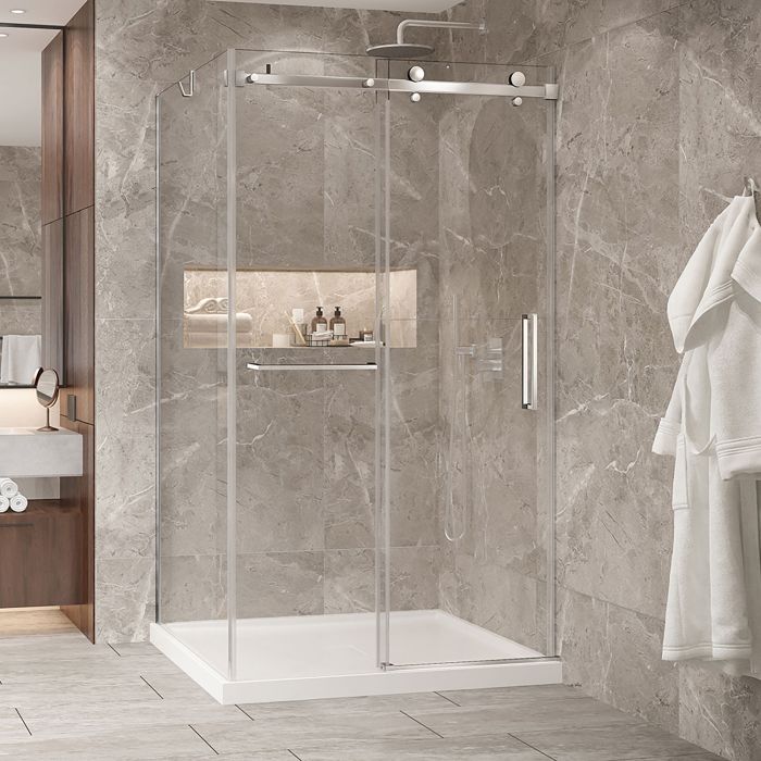 Porte de douche 48 po x Bellini 2.0 42 po en coin chrome fermeture sur mur mur à droite