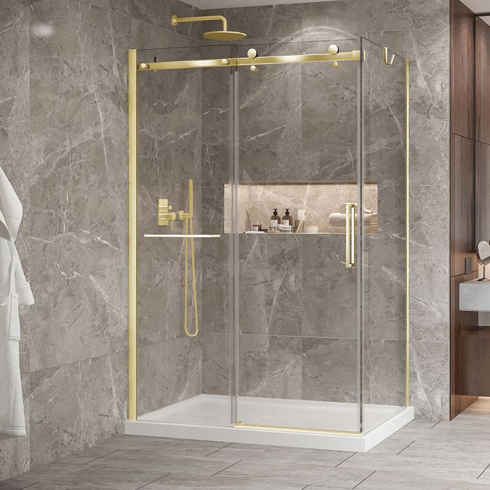 Porte de douche 54 po x Bellini 2.0 32 po en coin or brossé fermeture sur retour mur à gauche porte à droite en or brossé