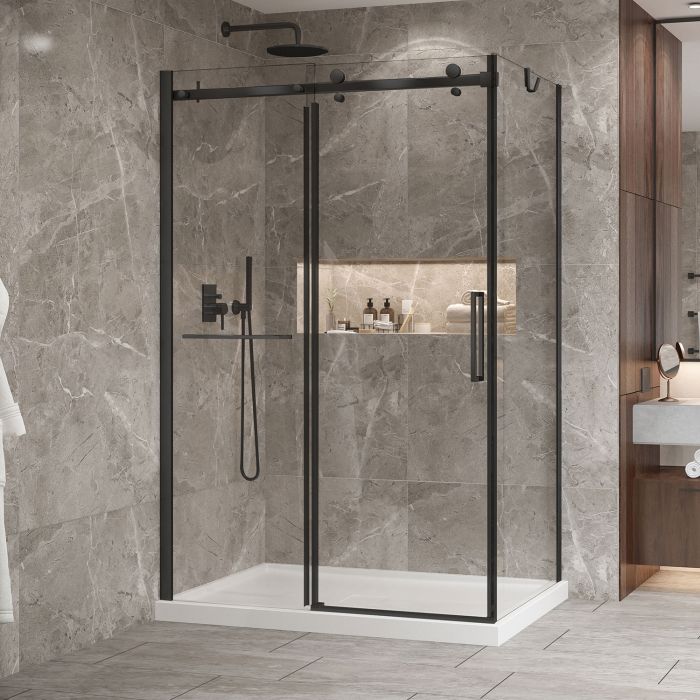 Porte de douche 54 po x Bellini 2.0 32 po en coin noir mat fermeture sur retour mur à gauche porte à droite