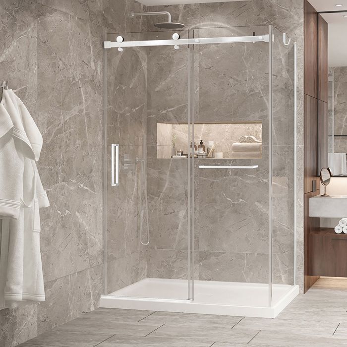 Porte de douche 54 po x Bellini 2.0 32 po en coin blanc mat fermeture sur mur mur à gauche porte à gauche