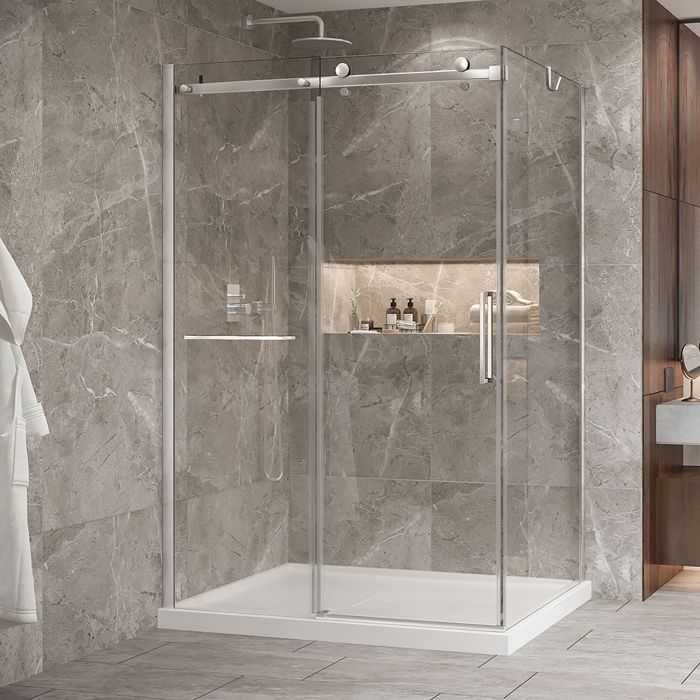 Porte de douche 54 po x Bellini 2.0 42 po en coin chrome fermeture sur retour mur à gauche porte à droite