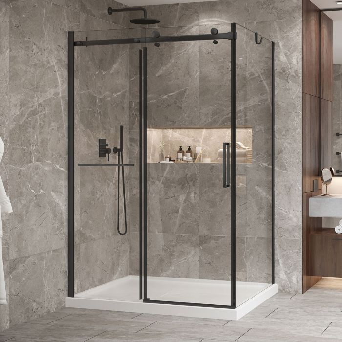 Porte de douche 54 po x Bellini 2.0 42 po en coin noir mat fermeture sur retour mur à gauche porte à droite
