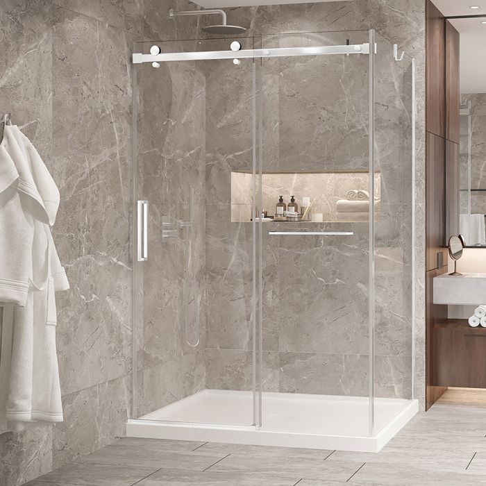 Porte de douche 54 po x Bellini 2.0 42 po en coin blanc mat fermeture sur mur mur à gauche porte à gauche
