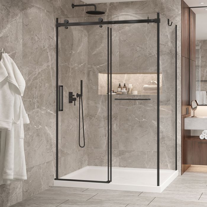 Porte de douche 54 po x Bellini 2.0 42 po en coin noir mat fermeture sur mur mur à gauche porte à gauche