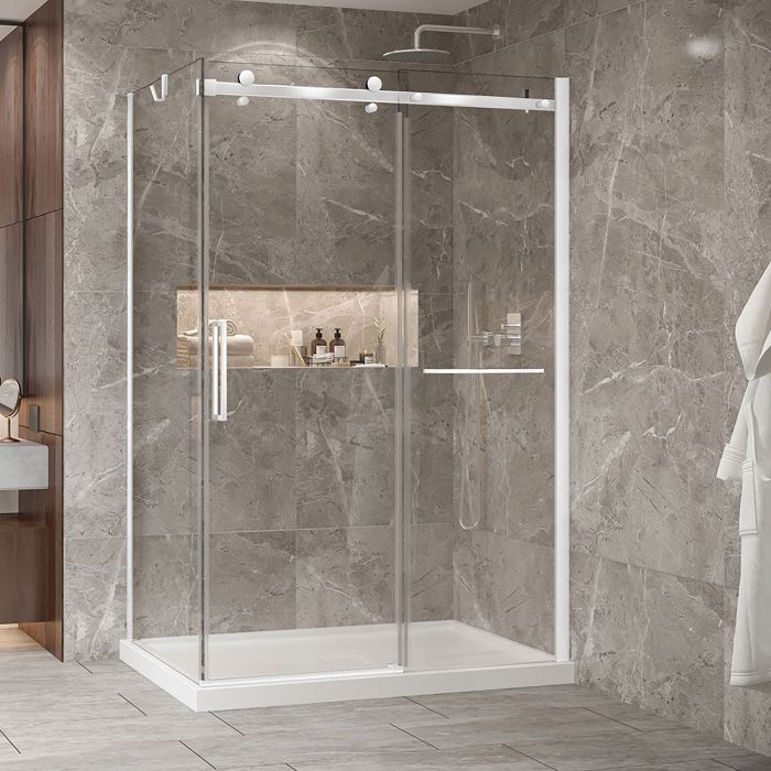 Porte de douche 54 po x Bellini 2.0 32 po en coin blanc mat fermeture sur retour mur à droite porte à gauche