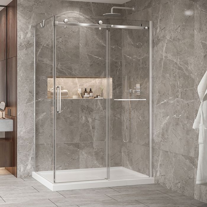 Porte de douche 54 po x Bellini 2.0 32 po en coin chrome fermeture sur retour mur à droite porte à gauche