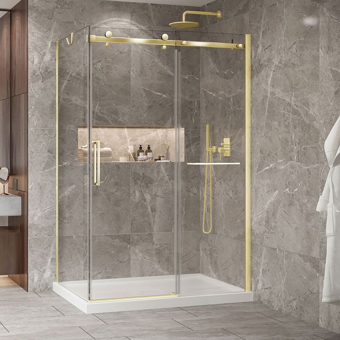 Porte de douche 54 po x Bellini 2.0 32 po en coin or brossé fermeture sur retour mur à droite porte à gauche en or brossé