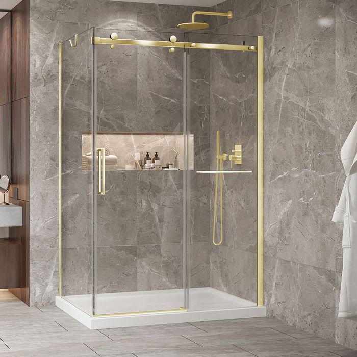 Porte de douche 54 po x Bellini 2.0 36 po en coin or brossé fermeture sur retour mur à droite porte à gauche en or brossé