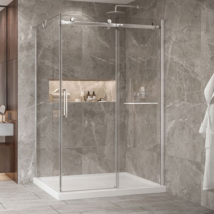 Porte de douche 54 po x Bellini 2.0 42 po en coin chrome fermeture sur retour mur à droite porte à gauche
