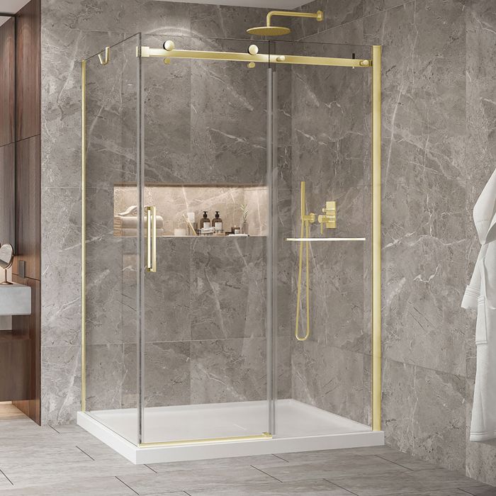 Porte de douche 54 po x Bellini 2.0 42 po en coin or brossé fermeture sur retour mur à droite porte à gauche en or brossé