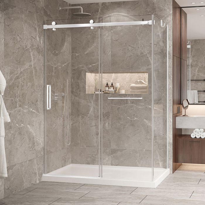 Porte de douche 60 po x Bellini 2.0 32 po en coin blanc mat fermeture sur mur mur à gauche porte à gauche