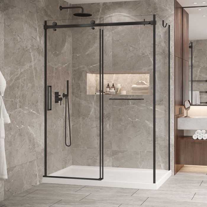 Porte de douche 60 po x Bellini 2.0 32 po en coin noir mat fermeture sur mur mur à gauche porte à gauche