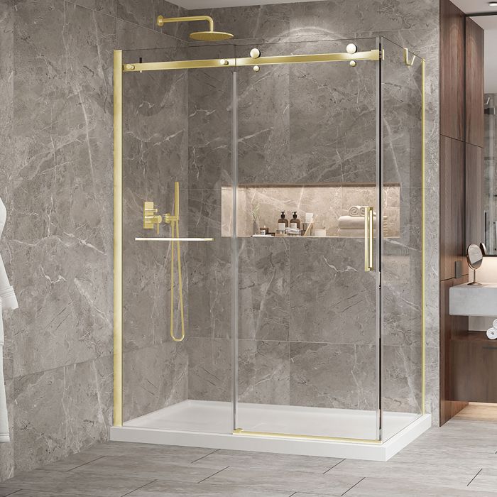 Porte de douche 60 po x Bellini 2.0 36 po en coin or brossé fermeture sur retour mur à gauche porte à droite en or brossé
