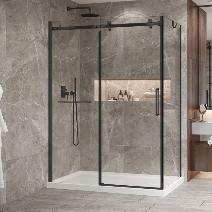 Porte de douche 60 po x Bellini 2.0 36 po en coin noir mat fermeture sur retour mur à gauche porte à droite