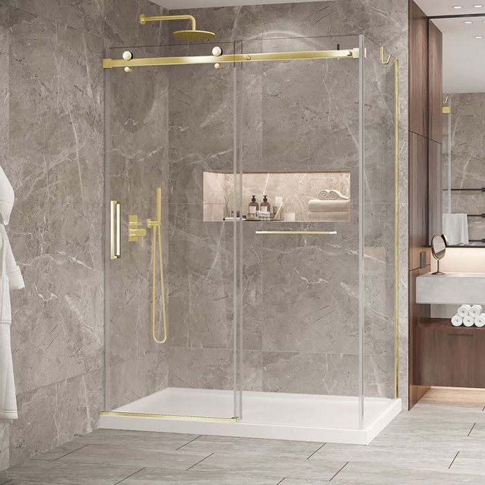 Porte de douche 60 po x Bellini 2.0 36 po en coin or brossé fermeture sur mur mur à gauche porte à gauche en or brossé