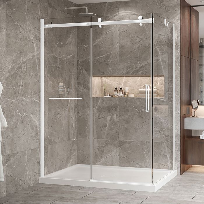 Porte de douche 60 po x Bellini 2.0 42 po en coin blanc mat fermeture sur retour mur à gauche porte à droite