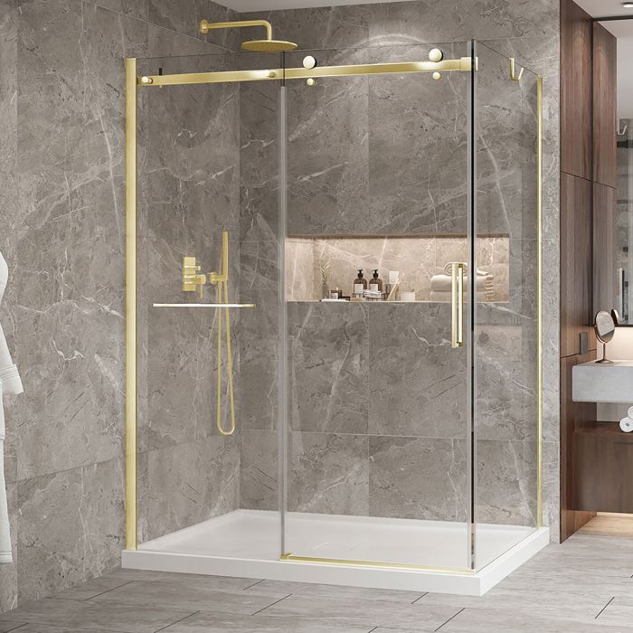 Porte de douche 60 po x Bellini 2.0 42 po en coin or brossé fermeture sur retour mur à gauche porte à droite en or brossé