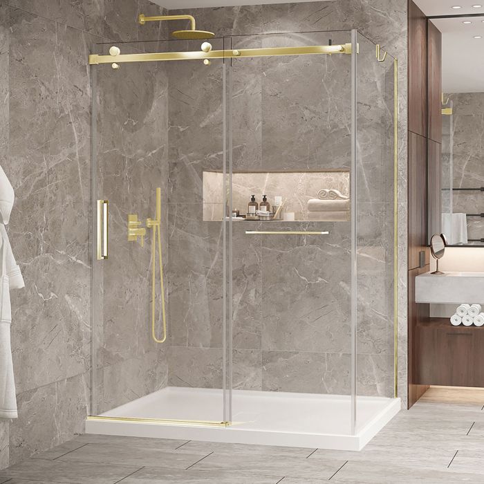 Porte de douche 60 po x Bellini 2.0 42 po en coin or brossé fermeture sur mur mur à gauche porte à gauche en or brossé